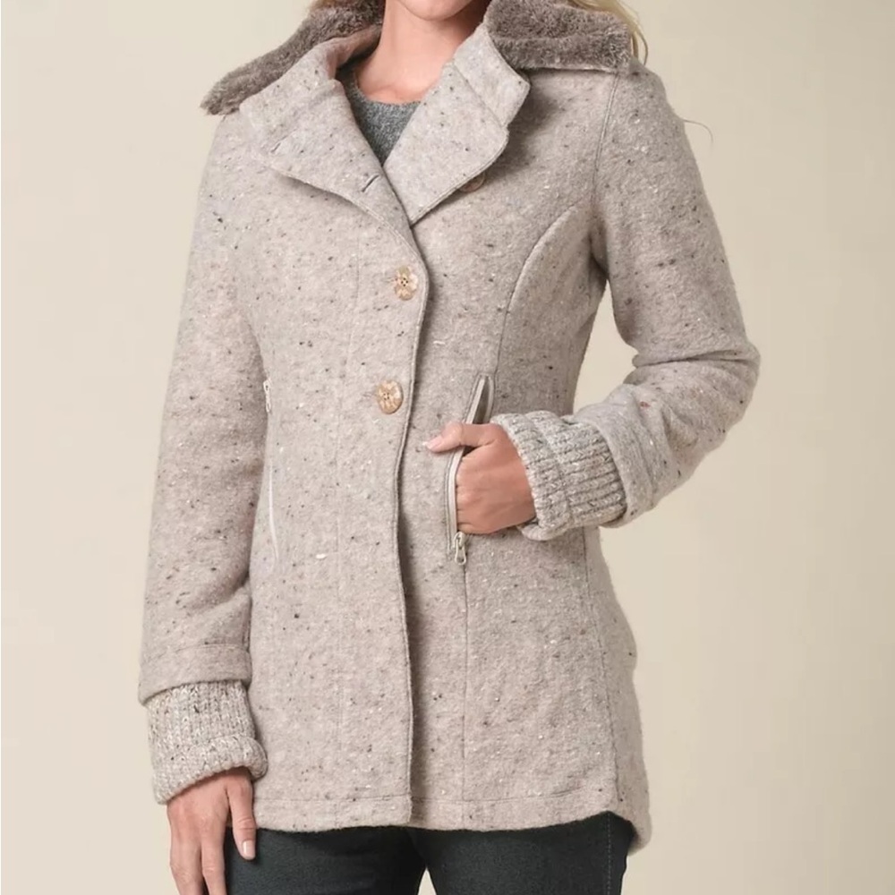 Prana Lisina wool pea coat size small pink faux fur collar - Picture 2 of 11